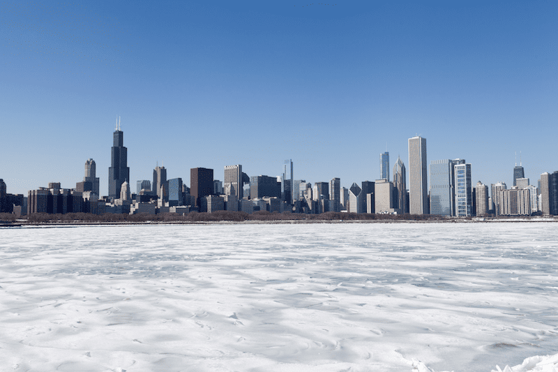 Chicago skyline with frozen water at front